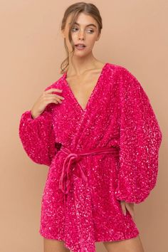 Sequin Velvet Wrap Tie Puff SLV Glamour Dress Fabric: 98%POLYESTER 2%SPANDEX Scarf Coverup, Sequin Wrap Dress, Wrap Tie Dress, Girls Sequin Dress, Puff Dress, Glamour Dress, Spandex Dress, Pink Sequin, Sequin Mini