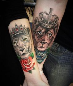 two people with matching tattoos on their arms, one has a lion and the other has a rose