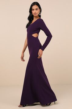 Celebrate your love with the Lulus Wondrous Romance Dark Purple One-Shoulder Mermaid Maxi Dress! Stretchy crepe knit shapes this dress that has a flattering one-shoulder neckline and a single long sleeve. A fitted bodice, with a flirty side cutout at the waist, tops a mermaid maxi skirt. Hidden side zipper/clasp. Fit: This garment fits true to size. Length: Floor length. Size medium measures 59.5" from shoulder to hem. Bust: Great for any cup size. Waist: Fitted - stretchy fabric allows custom f Dark Purple Long Dress, Mermaid Maxi Skirt, Purple Long Dress, Mermaid Maxi Dress, Long Sleeve Maxi, Cup Size, Fitted Bodice, Long Sleeve Maxi Dress, Dark Purple