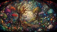 an artistic painting with trees and flowers in the forest, surrounded by other colorful plants