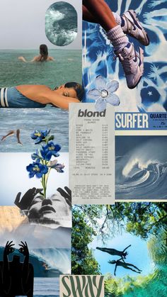 a collage of photos with different images and words on them, including the word surf