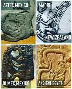 four ancient artifacts are shown with captions in the middle one says mexico, new zealand, new zealand and ancient egypt