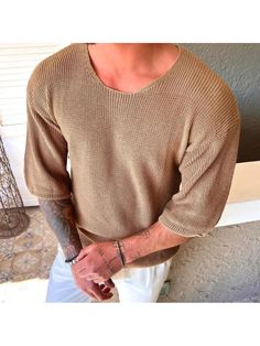 Men Sweaters, Knitted Wool 3/4 Sleeve Solid T-Shirt Casual 3/4 Sleeve T-shirt For Fall, Casual Cotton Sweater With 3/4 Sleeves, Knit Sweater With 3/4 Sleeves, Casual Knit Sweater With 3/4 Sleeve, Casual Knit Tops With 3/4 Sleeves, Casual 3/4 Sleeve Winter Sweater, Sweaters Knitted, Pullover Designs, Half Sleeves