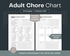 the printable adult chore chart is shown in black and white with an arrow pointing to