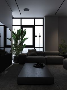 a living room with couches, tables and a plant in the middle of it