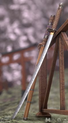 a wooden stand with two swords on it