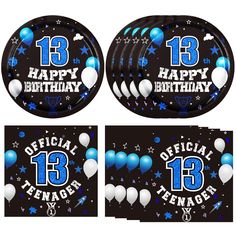 birthday plates with balloons and confetti in the shape of number thirteen, on a black background