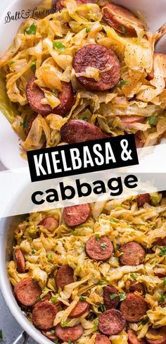 kielbasa and cabbage casserole in a white bowl with the title above it