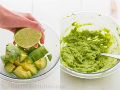 two pictures showing how to make guacamole with limes and avocado