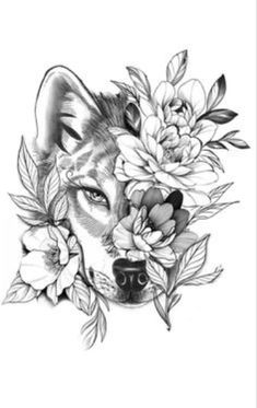 a black and white drawing of a wolf with flowers on it's head, in front of a white background