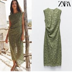 New With Tag Zara Size S Olive Green Lace Midi Dress With Ruched Fitted Waist Round Neck Sleeveless Dress. Fitted Waist With Side Ruching. Interior Lining. Back Vent. Side Hidden In-Seam Zip And Back Button Closure. Olive Green Lace Dress, Outfit Fiesta, Resort 2025, Dress Fitted, Ruched Midi Dress, Lace Midi, Lace Midi Dress, Green Lace, Zara Dresses