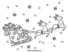 christmas coloring pages for kids with santa sleigh and reindeers on snowflakes