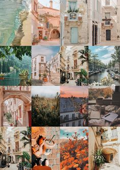 a collage of photos with different buildings and paintings on them, including one woman holding an umbrella