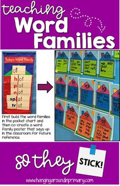 a poster with the words teaching word families on it and an arrow pointing to them