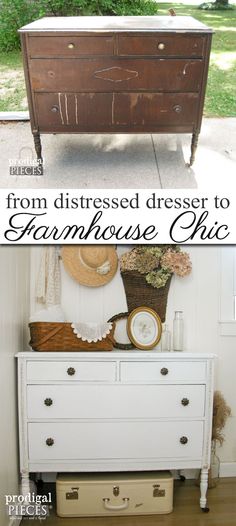 an old dresser is transformed into a farmhouse chic