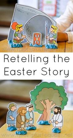 an easter story for kids to read and play on the table with text that reads, retelling the easter story