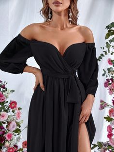 Product Code: FSWD0851 Embellishment: Chiffon Fabric: 100% Polyester Back Style: Zipper Up Fully Lined: Yes Built-in Bra: Yes Available Color: Black Stretch: Moderate Fits true to size Imported Model Information: Height: 5' 2" Bust: 33.5'' Waist: 24“ Hips: 35.5” wearing US size Small Formal V-neck Chiffon Mini Dress, Formal Off-shoulder Chiffon Dress, Elegant V-neck Chiffon Dress For Night Out, Elegant Mini Length Chiffon Dress, Elegant Mini-length Chiffon Dress, Elegant Mini Chiffon Dress, Flowy Off-shoulder Evening Dresses, Formal Long Sleeve Chiffon Mini Dress, Chic V-neck Chiffon Party Dress