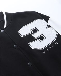 Details: Baseball jacket with number 3 printTop Length: NormalSleeve Length: Long SleevesMaterials:95% Polyester + 5% Spandex Sporty Long Sleeve Varsity Jacket With Letter Patch, Sporty Varsity Jacket With Letter Patch, Black Collegiate Varsity Jacket With Letter Patch, Collegiate Black Varsity Jacket With Ribbed Cuffs, Black Collegiate Varsity Jacket With Ribbed Cuffs, Collegiate Black Outerwear With Ribbed Cuffs, Collegiate Black Varsity Jacket With Baseball Collar, Varsity Jacket With Letter Patch For Sports, Collegiate Track Jacket With Letter Print For Streetwear