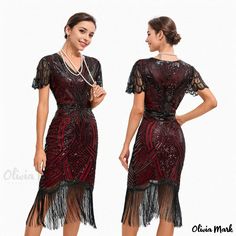 Olivia Mark - Vintage Embroidered Fringe Cocktail Dress for Retro Dance Party Sequin Beaded Mesh Tulle Gown Gatsby Design, Dress Masquerade, Dress Types, Masquerade Dress, Box Dress, Party Wear For Women, Embellished Cocktail Dress, Vestidos Retro, Deep V Neck Dress