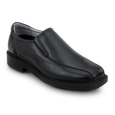 Full grain leather upper. Pigskin and SMS tricot linings. PU cup removable footbed. PU midsole. SR Max MaxTrax oil and slip resistant rubber outsole. Soft toe. No safety toe cap. Black Dress Work, Mens Slip Ons, Mens Slip On Shoes, Slip Resistant Shoes, Dress Work, Oxford Dress Shoes, Smart Casual Outfit, Oxford Dress, Work Shoes