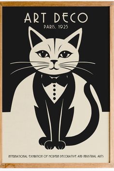 a black and white cat wearing a tuxedo with the words art deco paris 1932