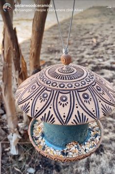 a bird feeder hanging from a tree in front of some trees and sand with shells on it