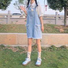 Kawaii Denim Romper Overall KA004 Kawaii Denim Romper Overall with pockets Material: Cotton Size: S M L S: Bust: 80cm Length: 75-78cm Hips: 112cm M: Bust: 84cm Length: 77-80cm Hips: 116cm L: Bust: 88cm Length: 79-82cm Hips: 120cm Style Kawaii, Japanese Harajuku, Denim Pocket, Estilo Preppy, Style Preppy, Denim Romper, Kawaii Fashion, Preppy Style, Overall Shorts