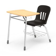 a school desk with a red chair on it