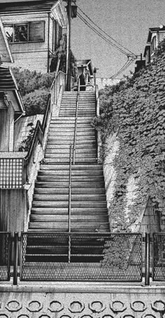 a black and white drawing of stairs leading up to a house on a hill with houses in the background