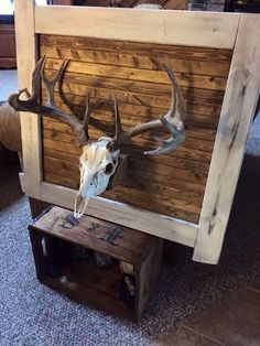 a deer skull mounted to the side of a bed