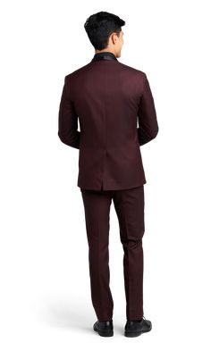 A slim burgundy tuxedo with one button and a shawl lapel. Unique Tuxedos, Burgundy Vest, Burgundy Tuxedo, Black Shawl, Tuxedo Suit, Black Tuxedo, Complete Outfits, Jacket Buttons, Polished Look