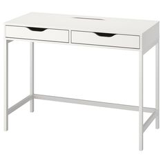 a white desk with two drawers on the top and one drawer open at the bottom