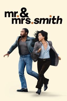 the poster for mr and mrs smith is shown with two people running in front of them