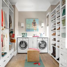 a washer and dryer sitting in a room next to each other on shelves