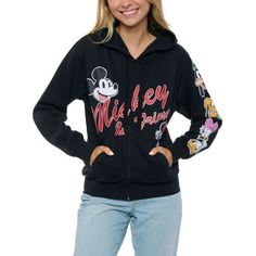 Mickey Mouse has a lot of friends but 6 in particular are his best! Your upcoming Disneyland trip will be a blast! > Womens Mickey Mouse & Friends Black Zip Hoodie Sweatshirt Disney. > Featuring a graphic print of Mickey and Minnie on the front. The left sleeve has a print of Goofy, Pluto, Daisy, and Donald. > Two front pockets, ribbed cuffed bottom hem and long sleeves. > Black sweater with Black drawstrings > 60% Cotton, 40% Polyester. Soft and lightweight fleece fabric. Size: XL.  Gender: fem Disney Hoodie, Black Zip Hoodie, Friends Black, Disney Hoodies, Disneyland Trip, Mickey Mouse And Friends, Black Zip Ups, Black Sweater, Fall Shirts