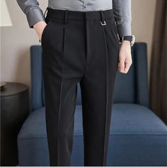 SPECIFICATIONS Material: Acetate Applicable Season: Spring and Autumn Style: Smart Casual Applicable Scene: BUSINESS Front Style: Flat Pant Closure Type: Zipper Fly Gender: MEN Black Dress Pants With Pockets For Business, Black Slim Fit Dress Pants With Pockets, Black Slim Fit Ankle-length Dress Pants, Slim Fit Ankle-length Black Pants, Black Slim Fit Straight Dress Pants, Black Slim Fit Pants For Office, Tailored Black Ankle-length Dress Pants, Tailored Ankle-length Black Pants, Black Non-stretch Straight Leg Dress Pants