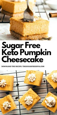 the recipe for sugar free keto pumpkin cheesecake is shown on a cooling rack