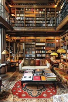 a living room filled with lots of furniture and bookshelves full of books on top of them