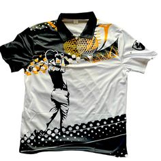 a white shirt with black and yellow designs on the front, featuring an image of a woman holding a tennis racquet