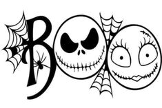 the word boo with two faces and spider webs on it's side, in black and white