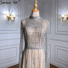 SERENE HILL Grey Arabia Luxury Beaded Cape Sleeves Evening Gown 2025 For Women A-Line Formal Party Evening Dresses 2022, Arabic Luxury, Beaded Cape, Evening Gowns With Sleeves, A Line Evening Dress, Dresses 2022, Formal Dresses Gowns, Evening Dress Fashion, Cape Sleeves