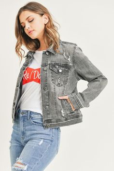 Vintage Grey Washed Jean Jacket True to size and stretchy! Risen's signature vintage wash denim jacket will easily become anyone's favorite! Length 22" | Chest 36.5" in size Small 64.3% Cotton, 22% Polyester, 11.9% Viscose, 1.8% Lycra Casual Washed Denim Jacket For Fall, Medium Wash Denim Vest For Fall, Trendy Faded Denim Jacket For Fall, Spring Medium Wash Denim Jacket, Distressed Denim Outerwear For Fall, Fall Distressed Denim Outerwear, Trendy Faded Distressed Outerwear, Trendy Distressed Faded Outerwear, Casual Distressed Denim Jacket For Fall