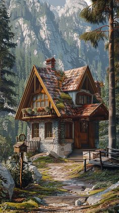 a painting of a house in the woods with mountains in the backgrouds