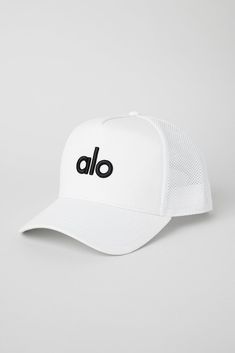 District Trucker Hat - White/Black | Alo Yoga Alo Hats, Aesthetic Trucker Hats, Alo Hat, Trucker Hat Outfit, Coaches Wife, Beige Hat, Hat Outfit, Workout Tights, Running Hats