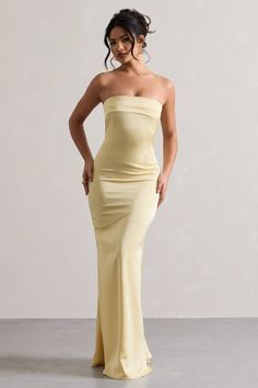 Colada Lemon Satin Pleated Bandeau Maxi Dress – Club L London - USA Midi Bridesmaid Dress, Bandeau Maxi Dress, Club L London, Black Dress Prom, Black Tie Gala, Party Dress Long Sleeve, Bridesmaid Outfit, Black Sequin Dress, Black Velvet Dress