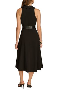 This sophisticated midi is designed in a sleeveless silhouette with a shawl collar and a defining embossed belt. 37 1/2" length Shawl collar Sleeveless Removable belt Unlined 63% polyester, 32% rayon, 5% spandex Dry clean Imported Black Belted Midi Dress For Semi-formal Occasions, Elegant Sleeveless Belted Dress, Formal Sleeveless Belted Dress, Classic Sleeveless Midi Dress With Flattering Silhouette, Chic Belted A-line Sleeveless Dress, Elegant Sleeveless Belted Dress For Formal Occasions, Classic Black Sleeveless Midi Dress, Elegant Belted Midi Length Sleeveless Dress, Elegant Belted Sleeveless Midi Dress