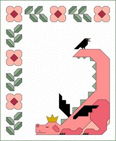 a pink dinosaur with a crown on it's head is surrounded by flowers and leaves