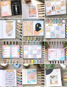 a collage of photos showing the inside pages of a planner book, with pens and pencils