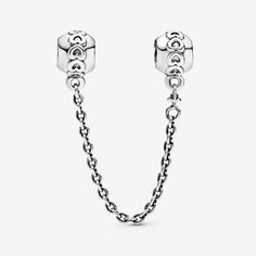 Complete your bracelet styling with a romantic touch. Hand-finished in sterling silver, this pretty Pandora safety chain keeps your charms safe on any Pandora Moments bracelet. The safety chain is minimally detailed with raised hearts around each clasp and its swivel ends prevent the chain from tangling while you wear it. Thread one side onto your bracelet before adding charms, connecting the unattached side of the safety chain on the other end once your charms are in place. Available in-store a Pandora Safety Chain, Pandora Heart, Charms Pandora, Bracelet Pandora, Pandora Hearts, Pandora Bracelet Charms, Safety Chain, Pandora Bracelet, Pandora Jewelry