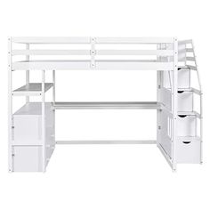 a white loft bed with drawers and shelves on it's bottom shelf, against a white background